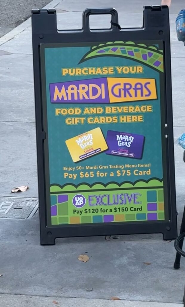 Universal Mardi Gras food and beverage card sign
