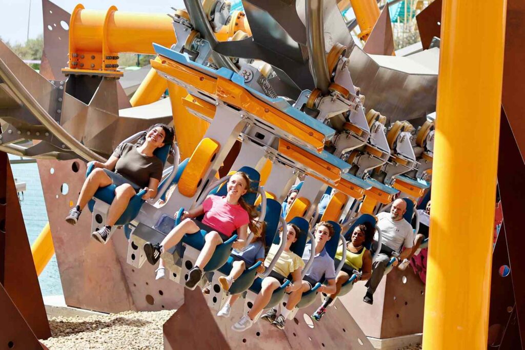 Riders experiencing the inverted layout of Barracuda Strike