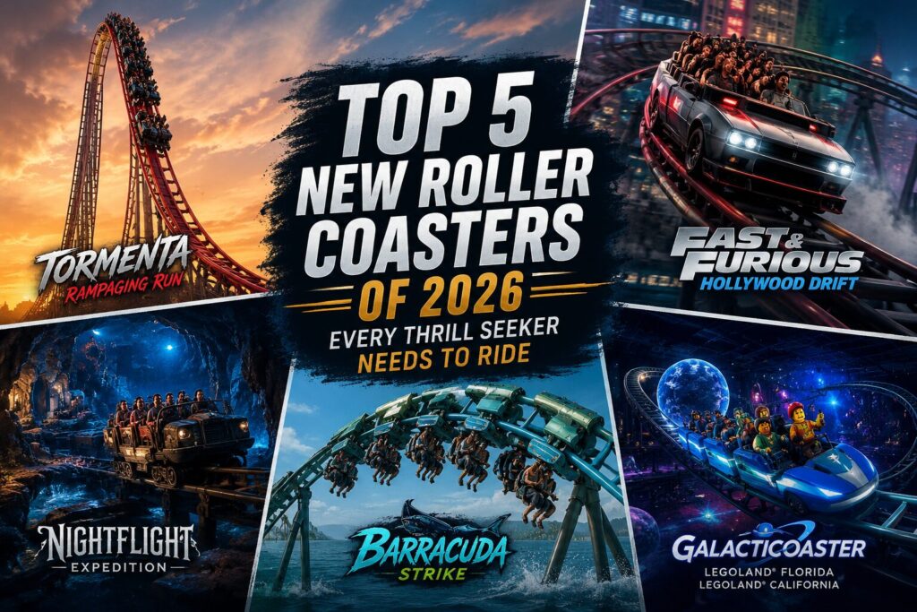 Collage of the top new roller coasters opening in the United States in 2026, featuring Tormenta, Hollywood Drift, NightFlight Expedition, Barracuda Strike, and Galacticoaster.